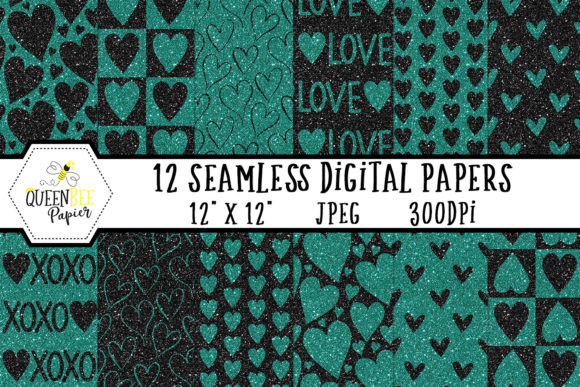 Black Teal Glitter Heart Digital Paper