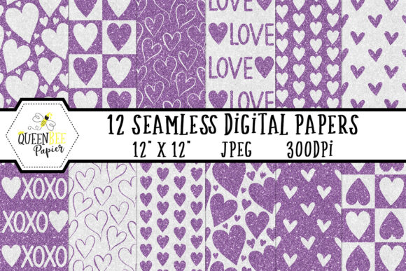 Purple White Glitter Heart Digital Paper