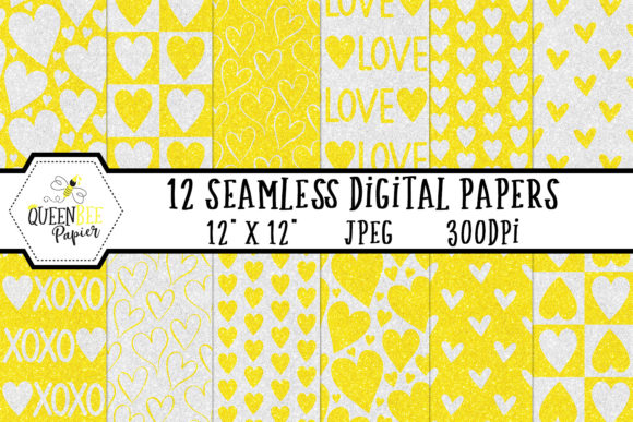 Yellow White Glitter Heart Digital Paper